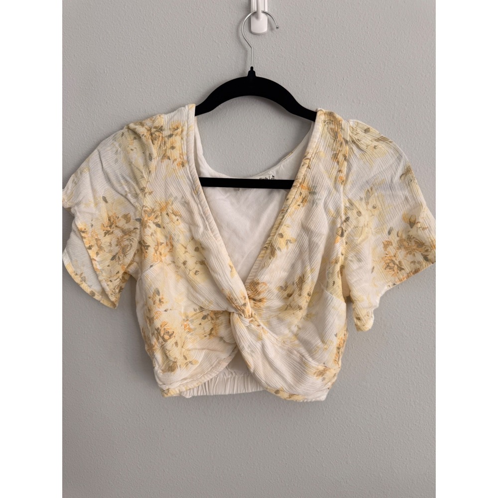 Abercrombie & Fitch Yellow Floral Twist Front Crop Top Womens Med Short Sleeve